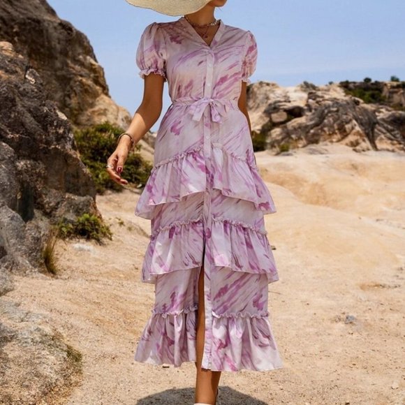 . Dresses & Skirts - Tie Dye Layered Hem Puff Sleeve Belted Maxi Dress
